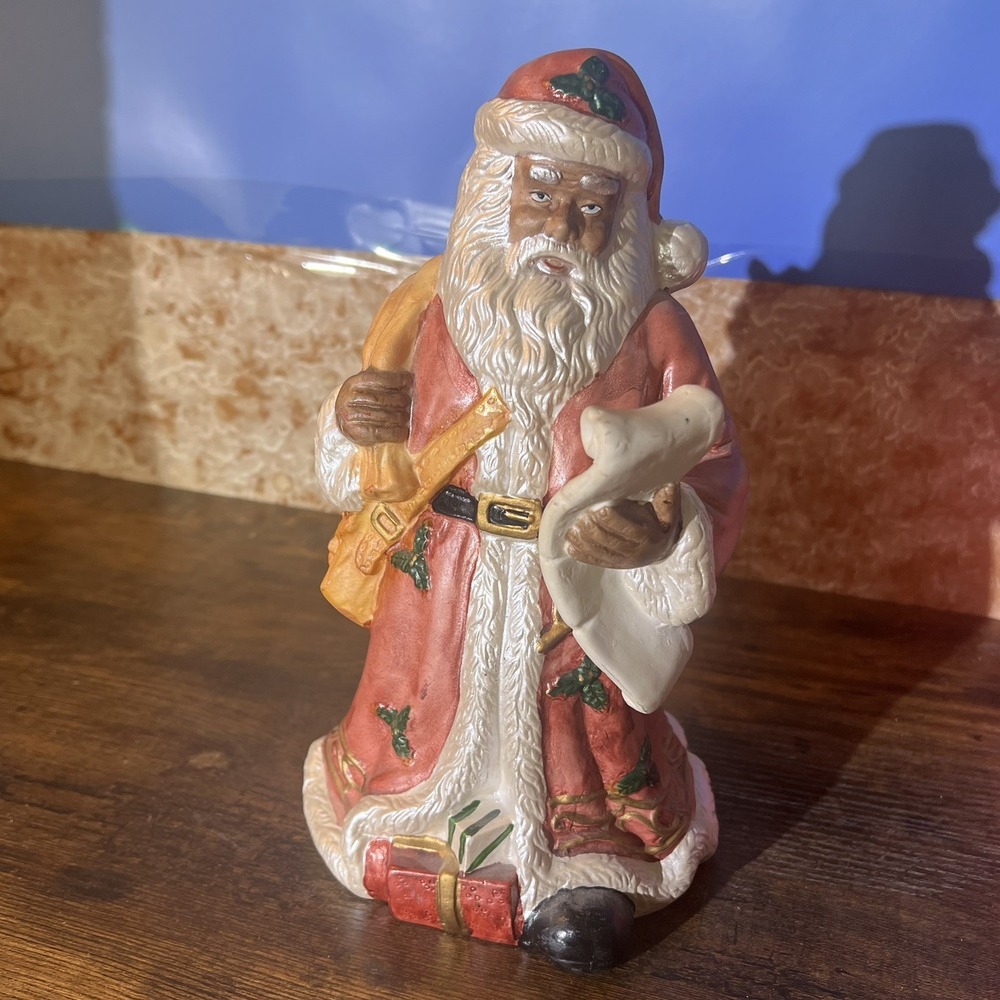 African American Santa Figurine 10" – Santa w/ Scroll & Bags– Holiday Statue